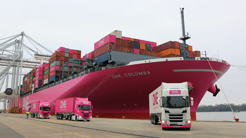 ONE ship with container lorries